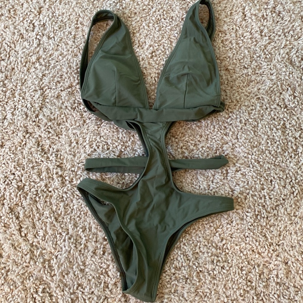 Army green belted cutout bathing suit. Size S